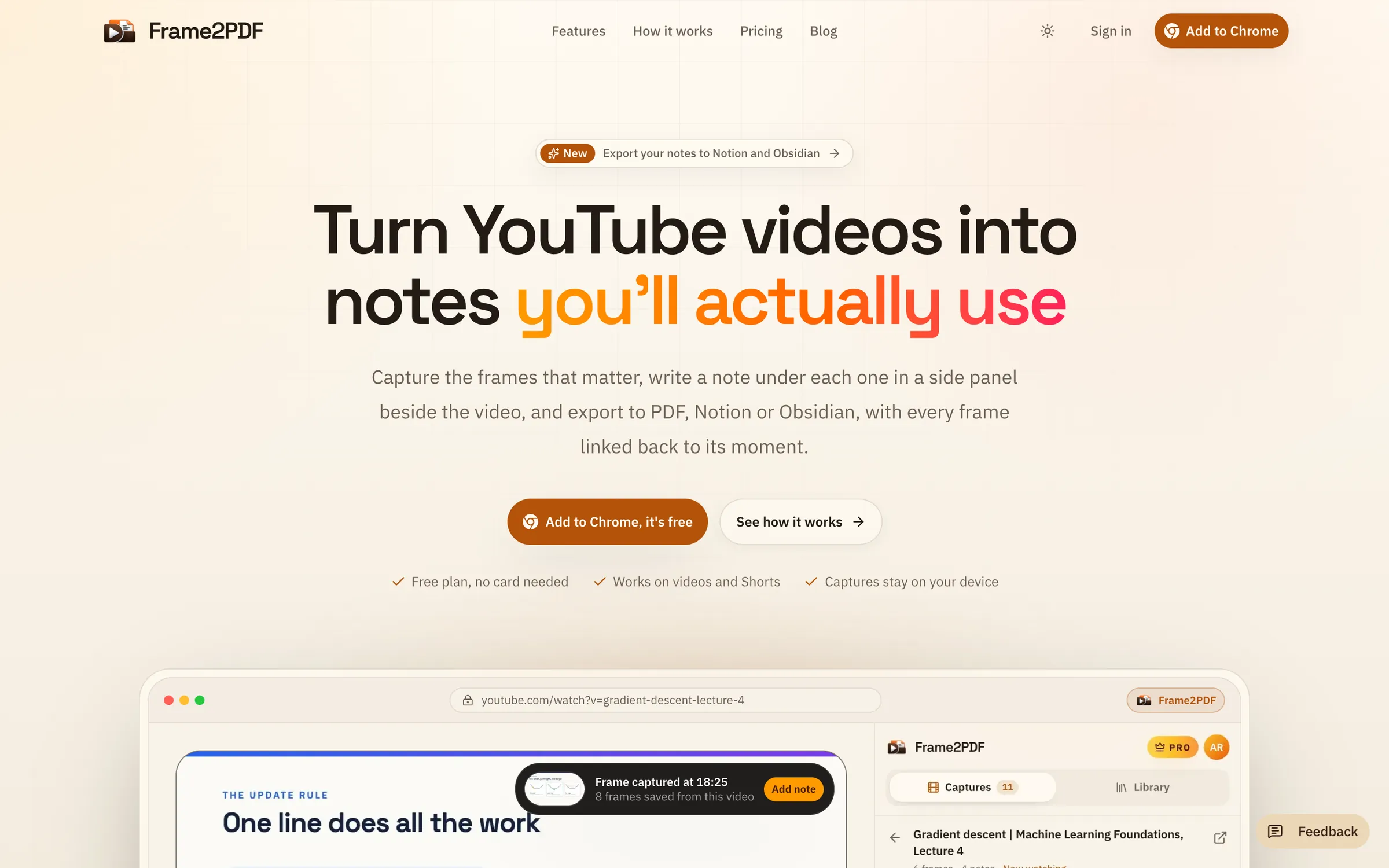 Frame2PDF case study: Frame2PDF homepage: "Turn YouTube videos into notes you'll actually use" with the extension panel beside a video.