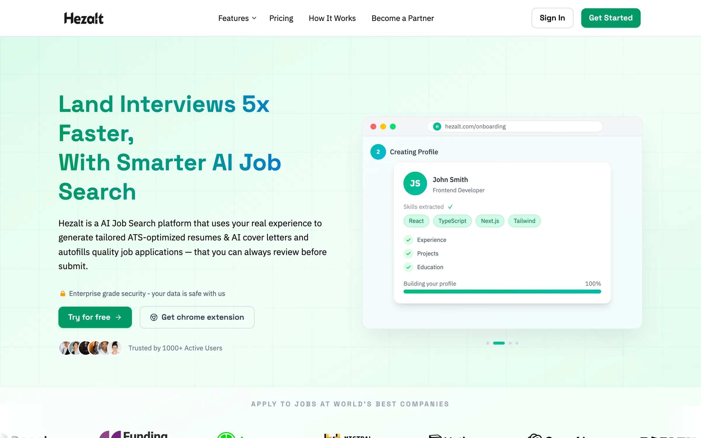 Hezalt case study: Hezalt homepage with the onboarding preview that extracts skills from a profile.