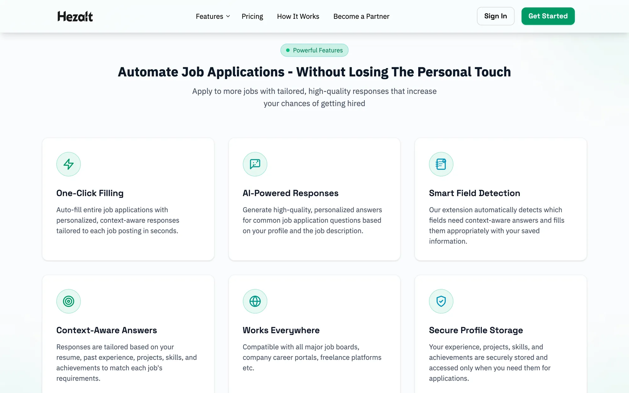 Hezalt features: one-click filling, AI-powered responses, smart field detection and more.