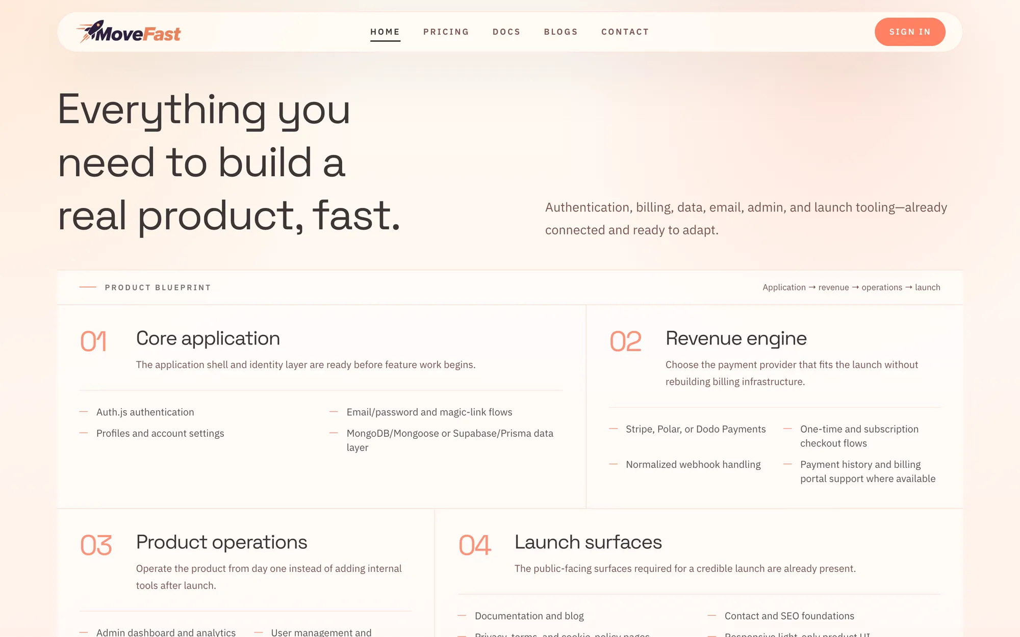 Movefast product blueprint: core application, revenue engine, product operations and launch surfaces.