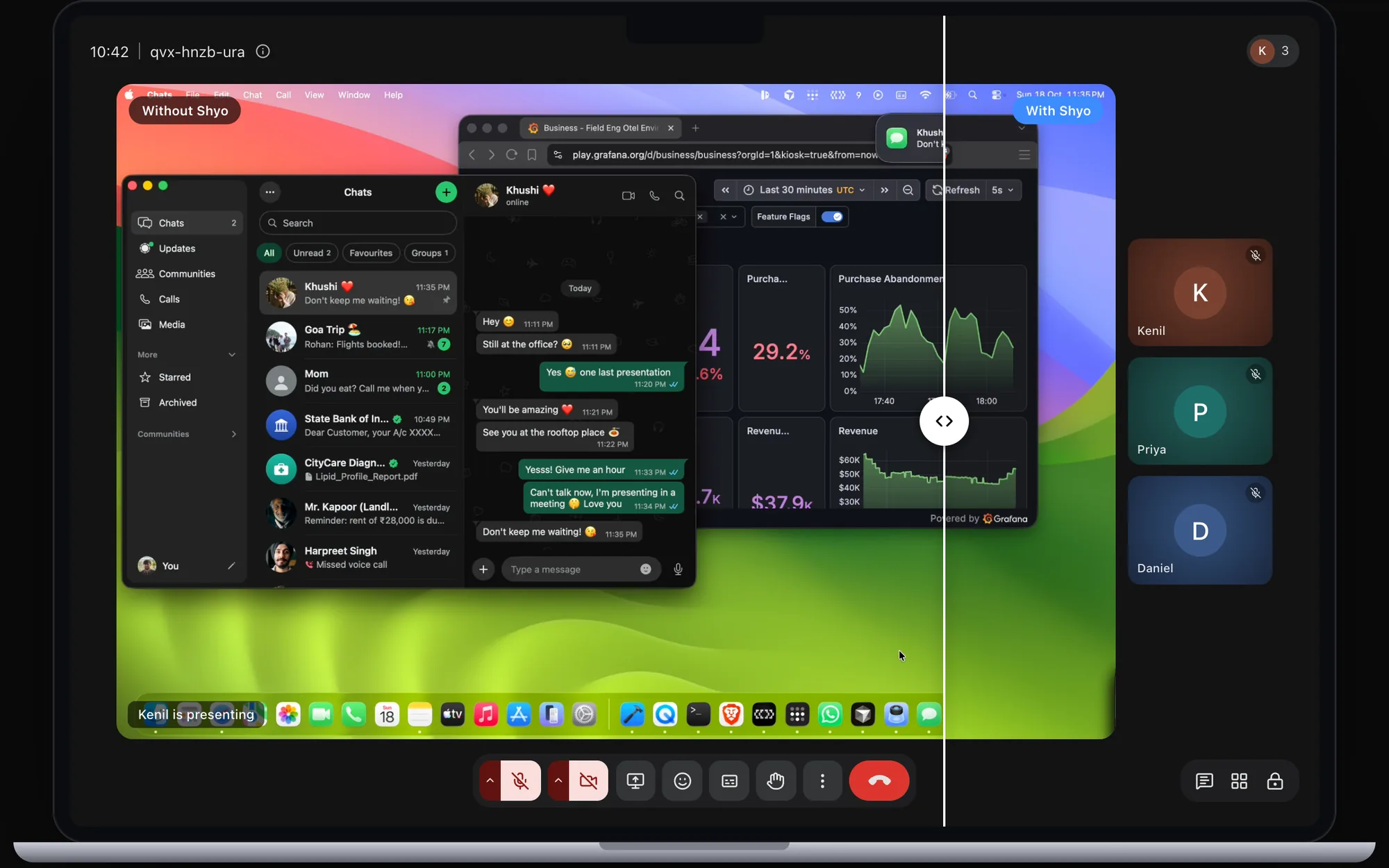 A recorded video call: on the left the shared screen shows a private chat, on the right Shyo leaves the chat out.