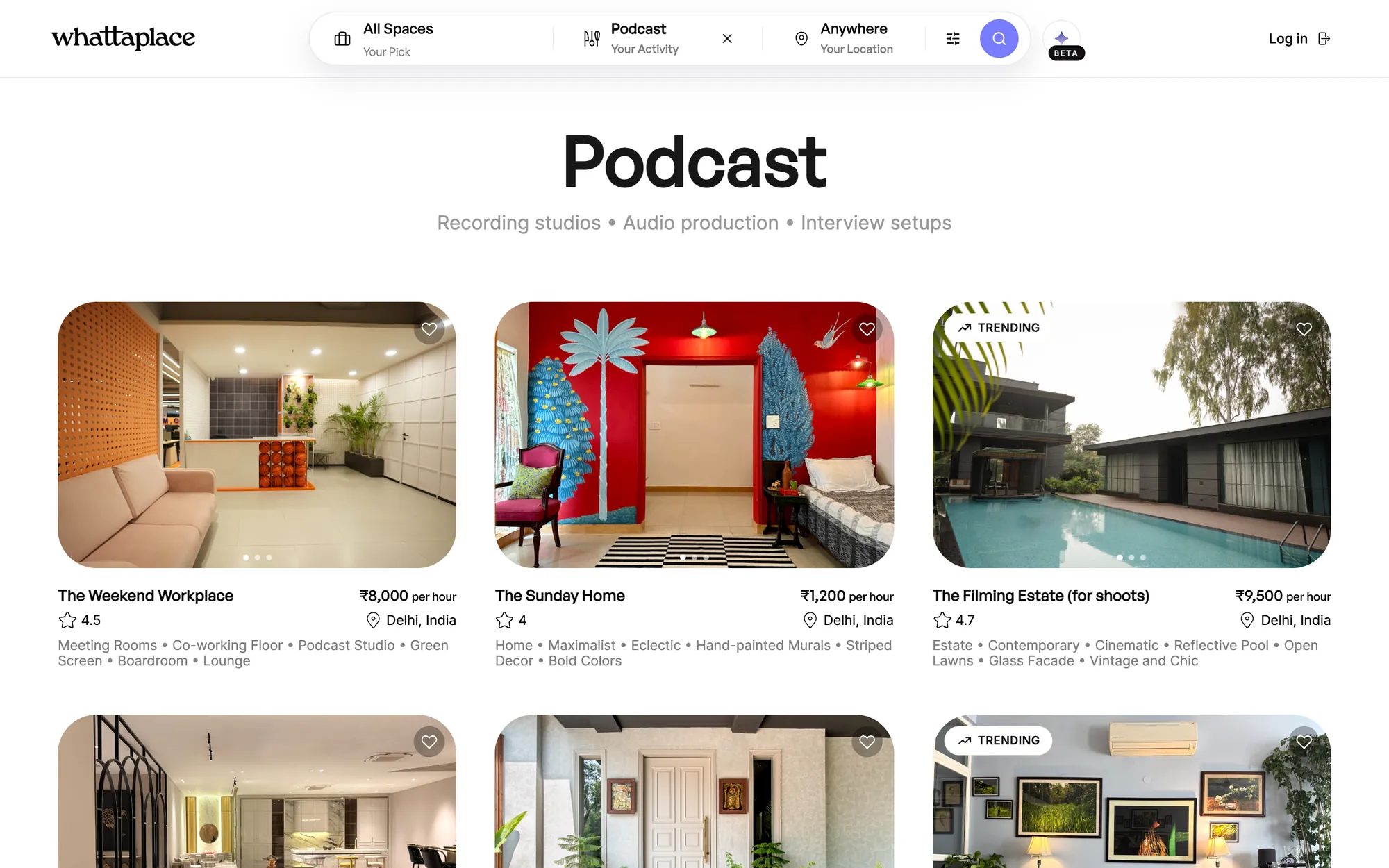 Whattaplace search filtered to Podcast spaces, with the search bar showing the active filter.